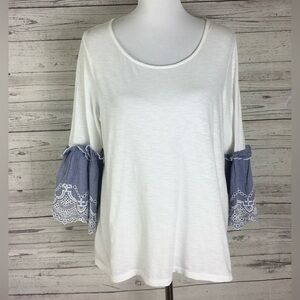 Crown & Ivy Women’s White Blue Striped Ruffle Trim Bell Sleeve Stretch Top